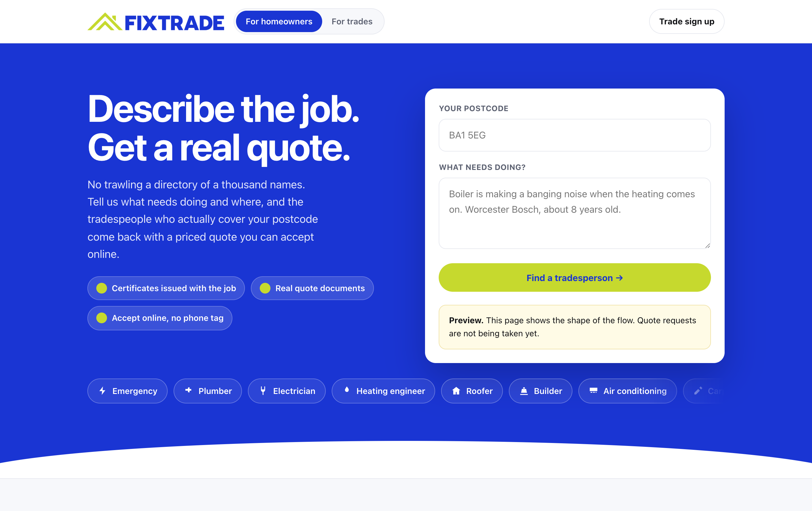 A FixTrade storefront where customers check coverage and request a quote